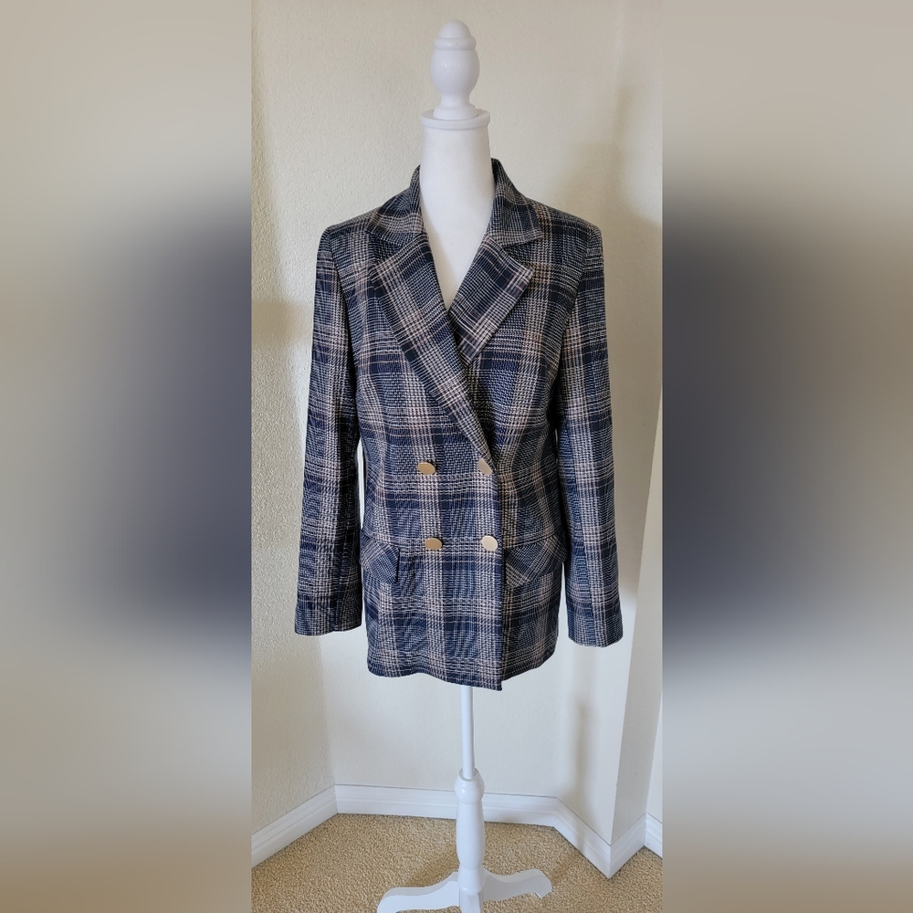 Women's Blue Double Breasted Plaid Blazer Size 3 (M/L) by Samsara